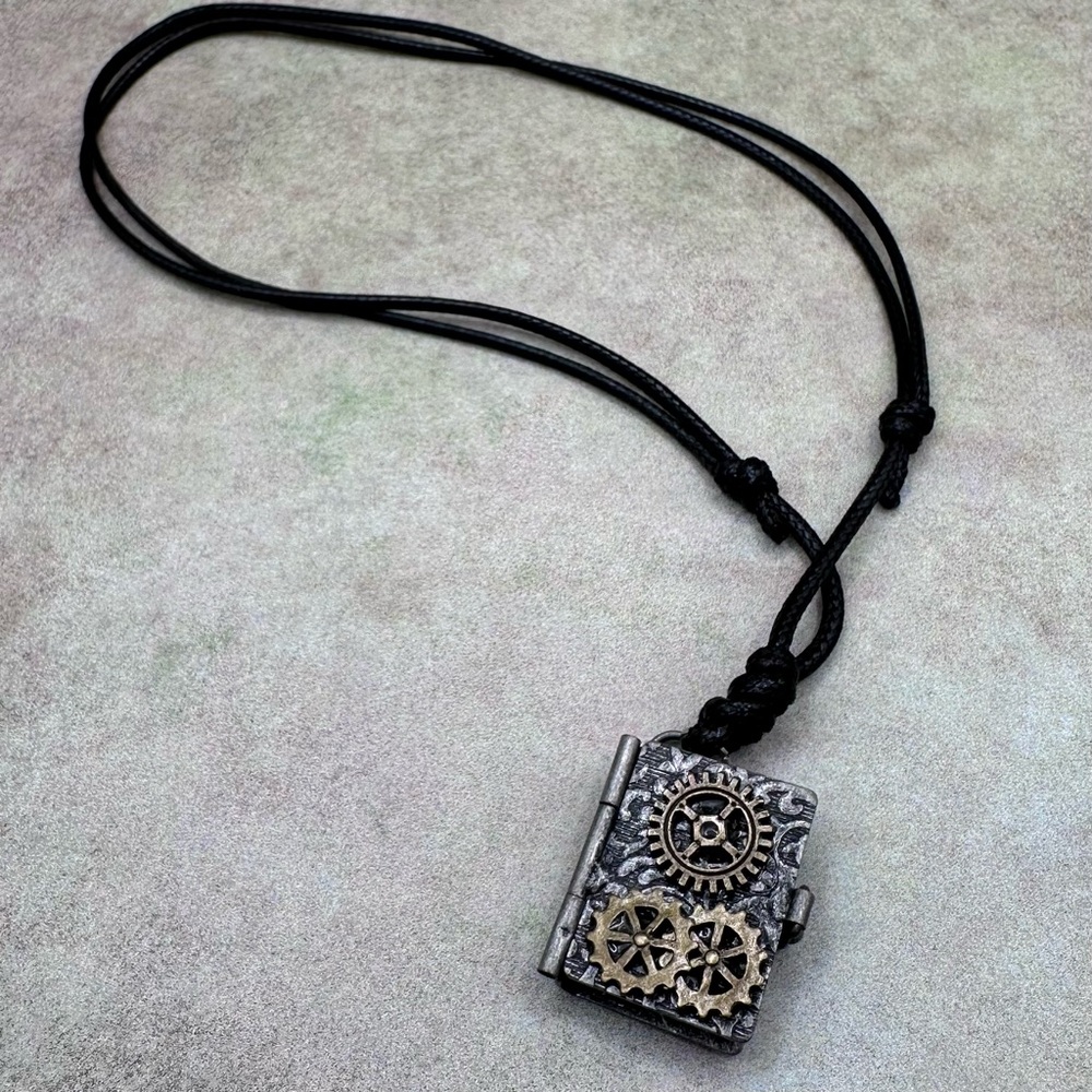 Steampunk Gear Locket Necklace in Black and Antiqued Silver